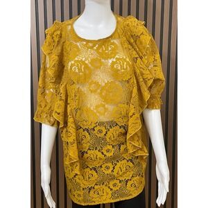 Wayward Fancies eShakti Women's 2X Yellow Blouse Lace Top Ruffle Sheer Boho‎